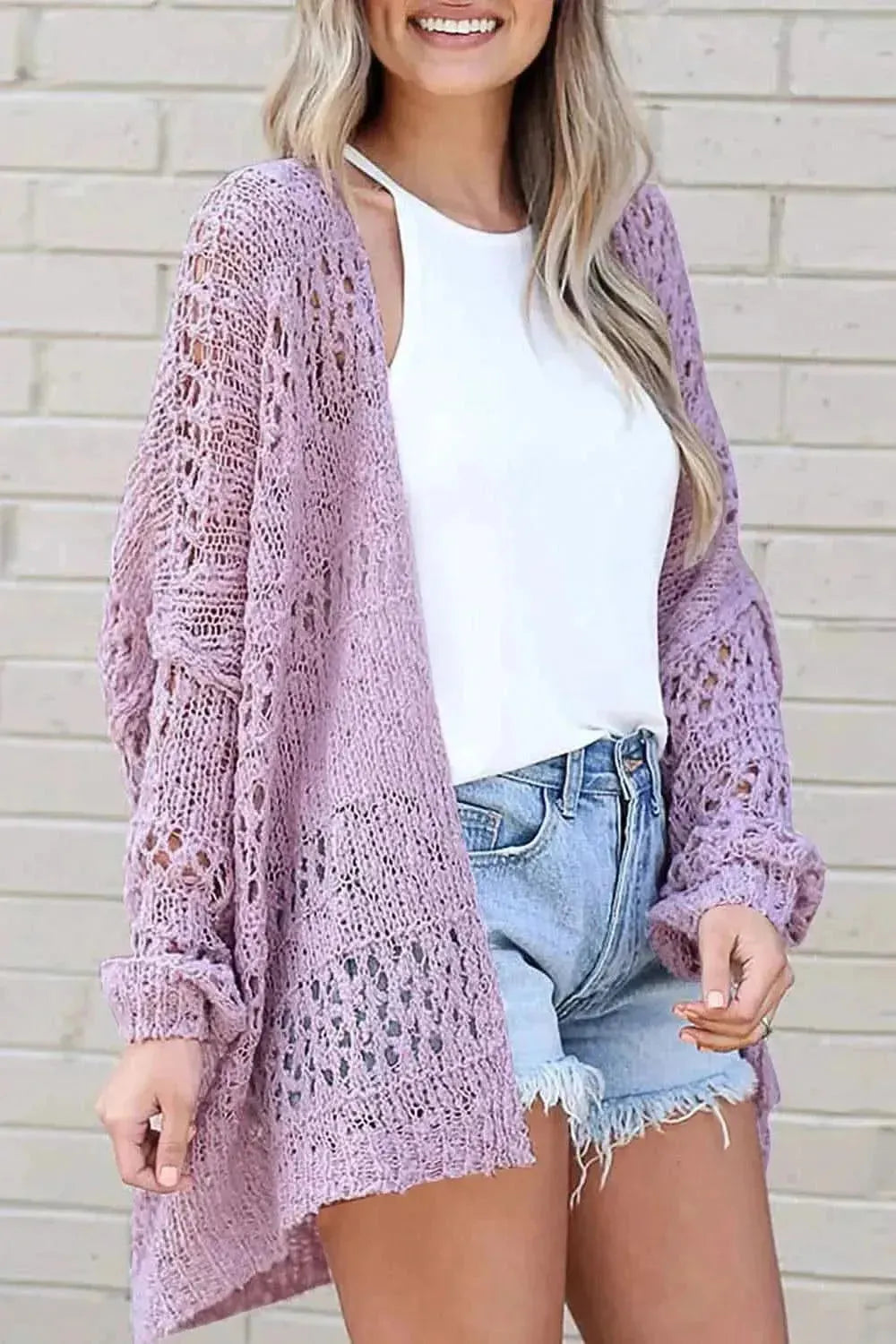 Openwork Open Front Long Sleeve Cardigan - Bad Moms Club