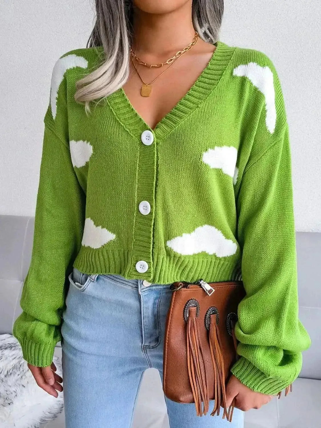 Cloud Print Button Down Ribbed Trim Cardigan - Bad Moms Club