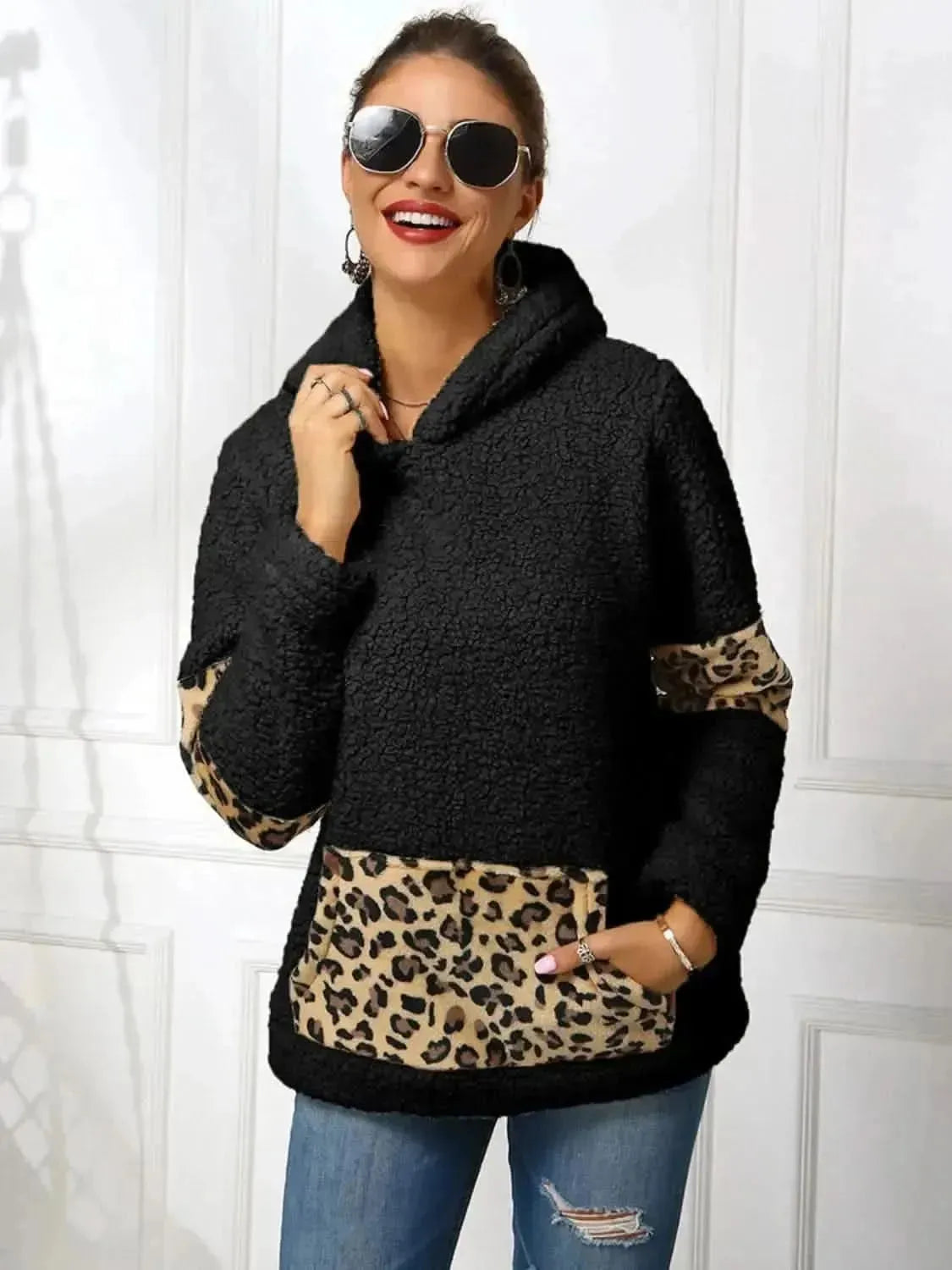 Ivy Lane Sherpa Leopard Long Sleeve Hoodie - Bad Moms Club
