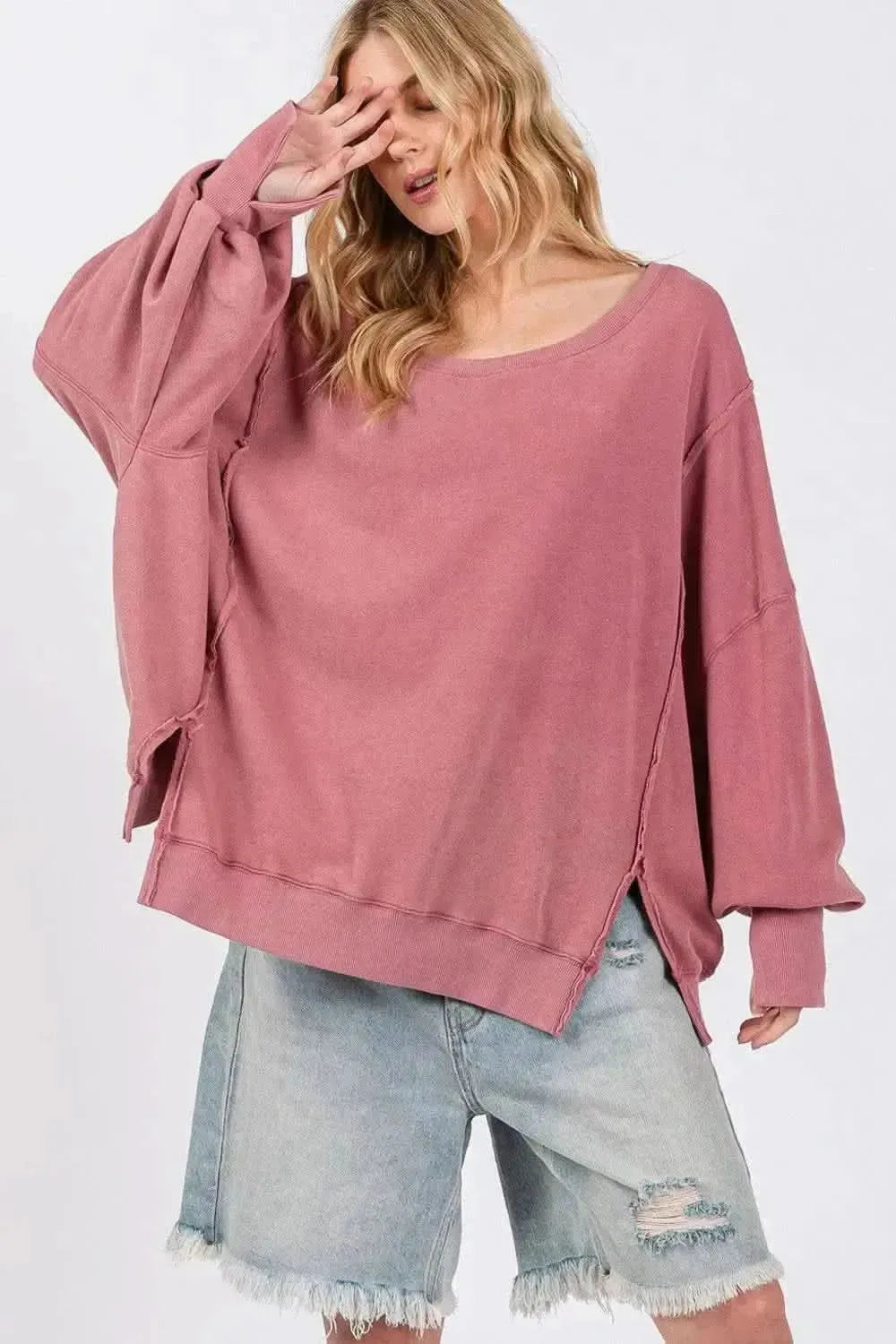 SAGE + FIG Mineral Wash Side Slit Oversized Sweatshirt - Bad Moms Club