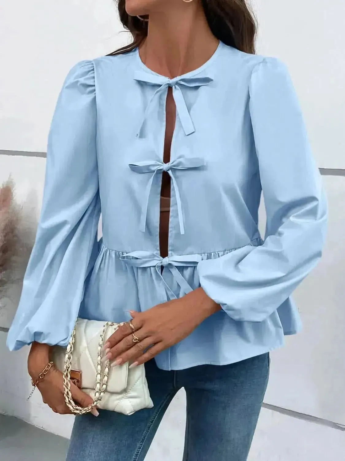 Ivy Lane Peplum Tied Long Sleeve Blouse - Bad Moms Club