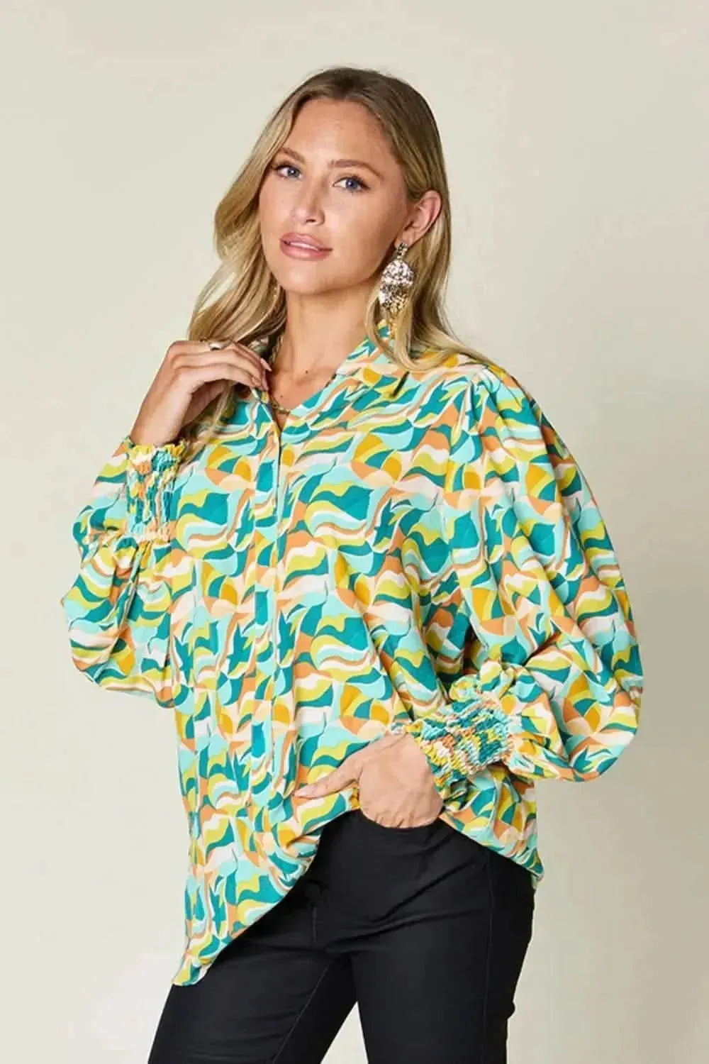 Double Take Full Size Printed Smocked Long Sleeve Blouse - Bad Moms Club
