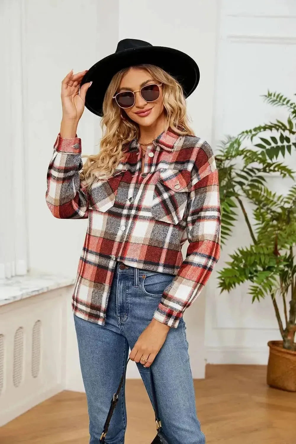 Button Down Collared Plaid Shacket - Bad Moms Club