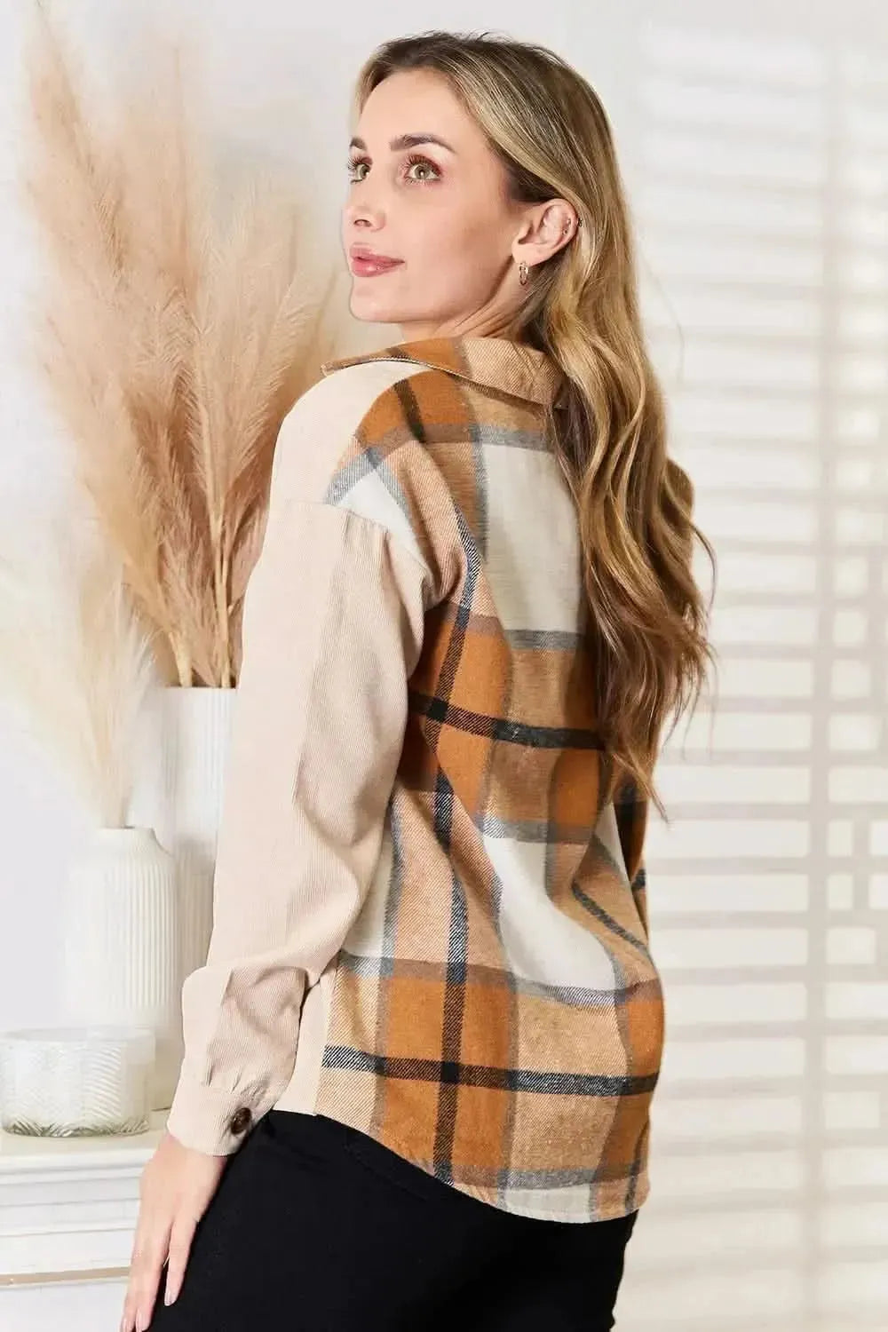 Perfee Plaid Print Dropped Shoulder Shirt - Bad Moms Club