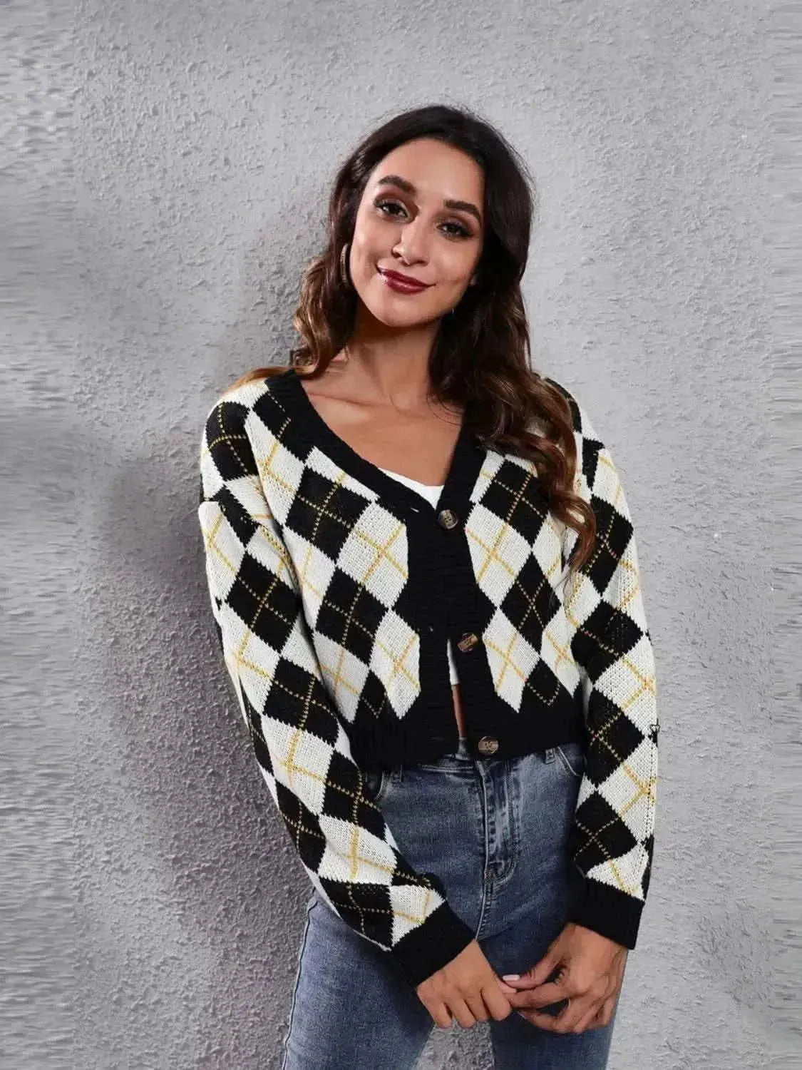 Geometric Button Up Long Sleeve Cardigan - Bad Moms Club