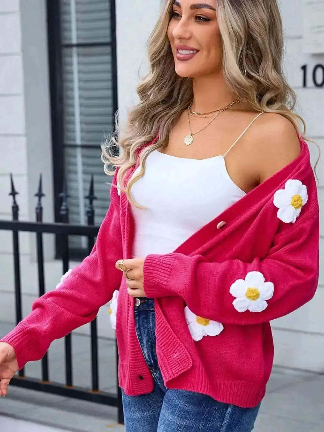 Crochet Flower Button Up Cardigan - Bad Moms Club