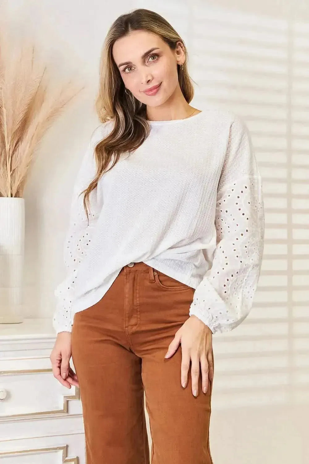 Shiny Eyelet Dropped Shoulder Round Neck Blouse - Bad Moms Club