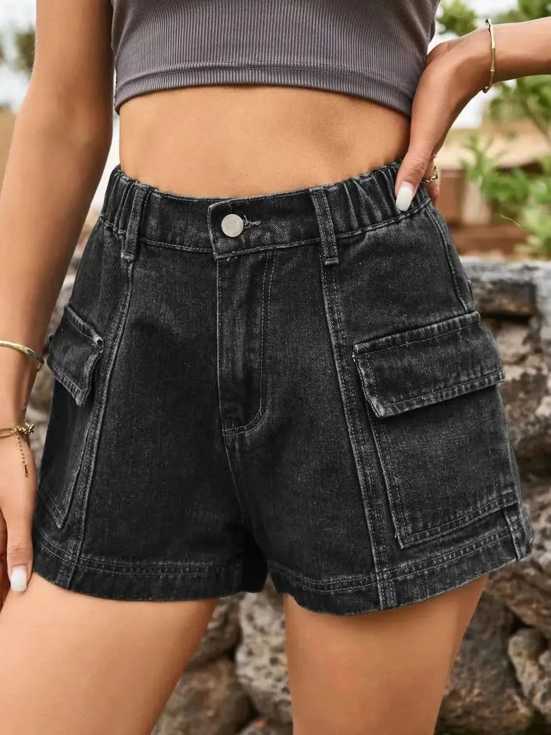 High Waist Denim Shorts with Pockets - Bad Moms Club