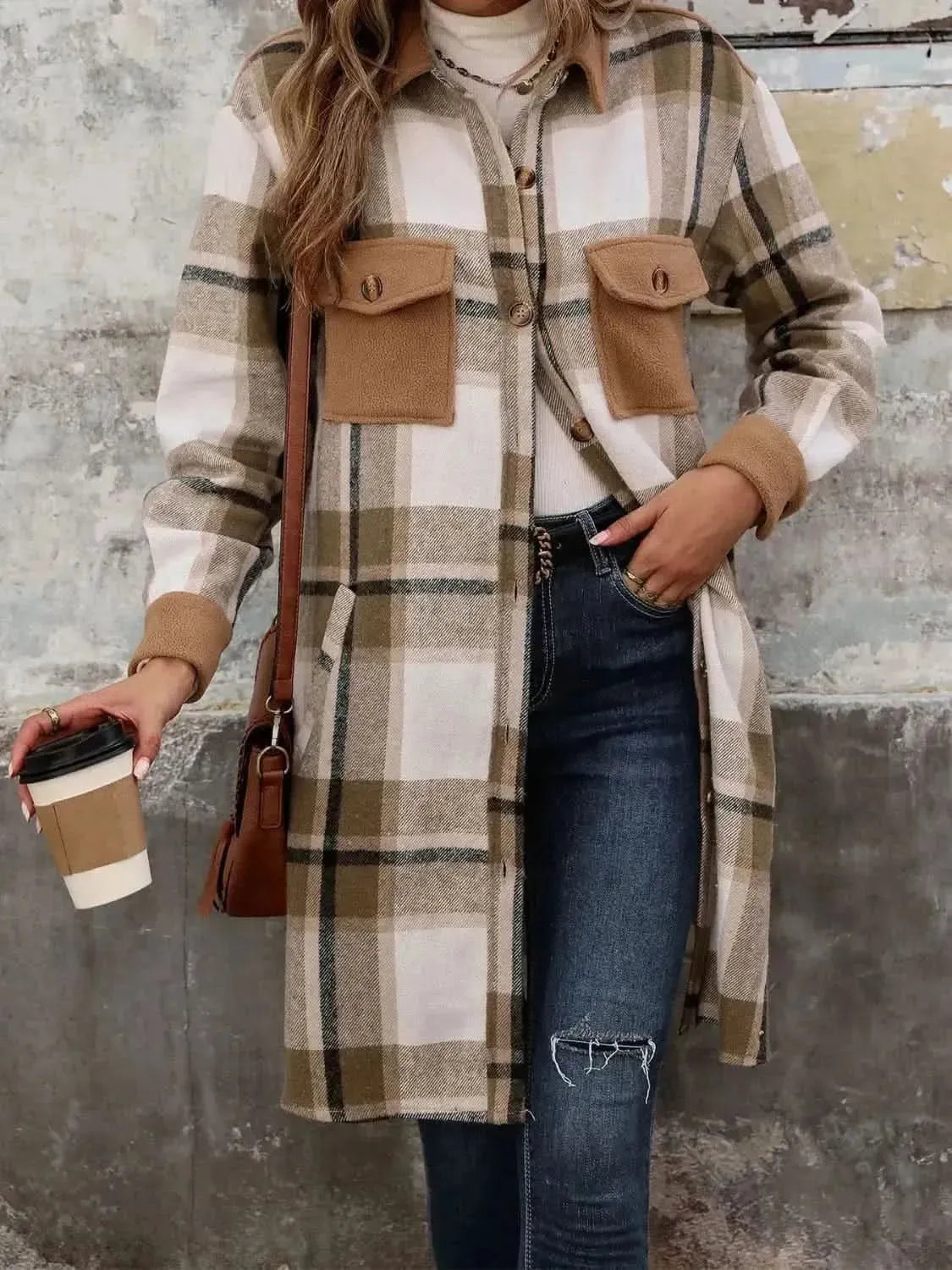 Perfee Plaid Button Up Long Sleeve Coat - Bad Moms Club