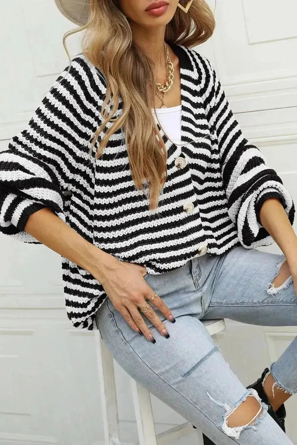 Striped Button Up Long Sleeve Cardigan - Bad Moms Club