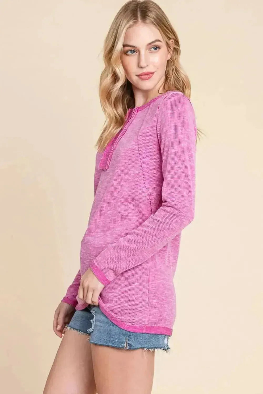 Reborn J Contrast Trim Half Button Long Sleeve T-Shirt - Bad Moms Club