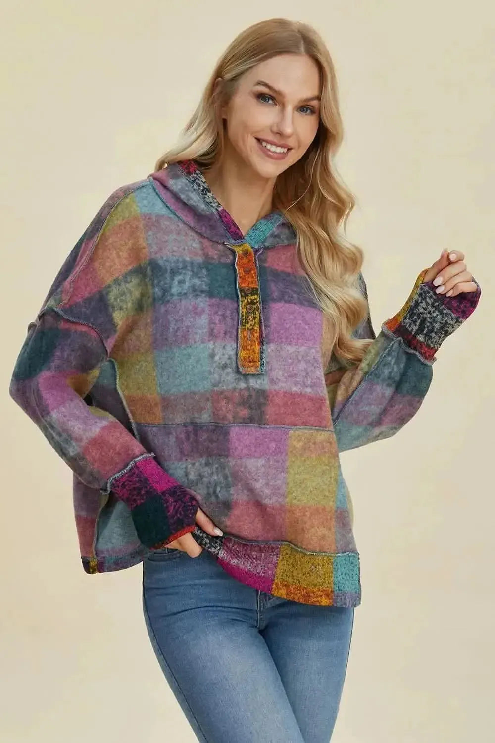 Double Take Full Size Plaid Dropped Shoulder Fleece Hoodie - Bad Moms Club