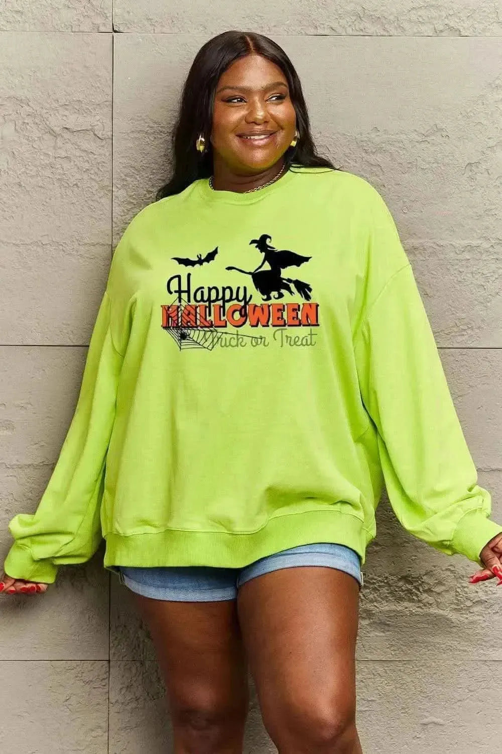Simply Love Full Size HAPPY HALLOWEEN TRICK OR TREAT Graphic Sweatshirt - Bad Moms Club