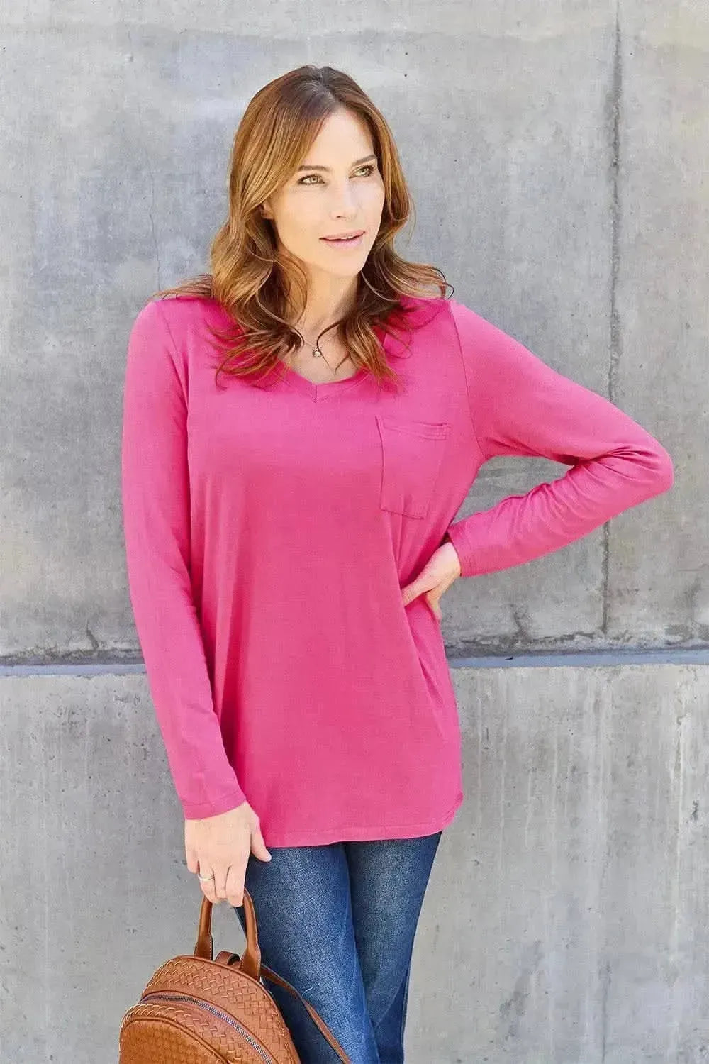 Basic Bae Full Size V-Neck Long Sleeve Top - Bad Moms Club