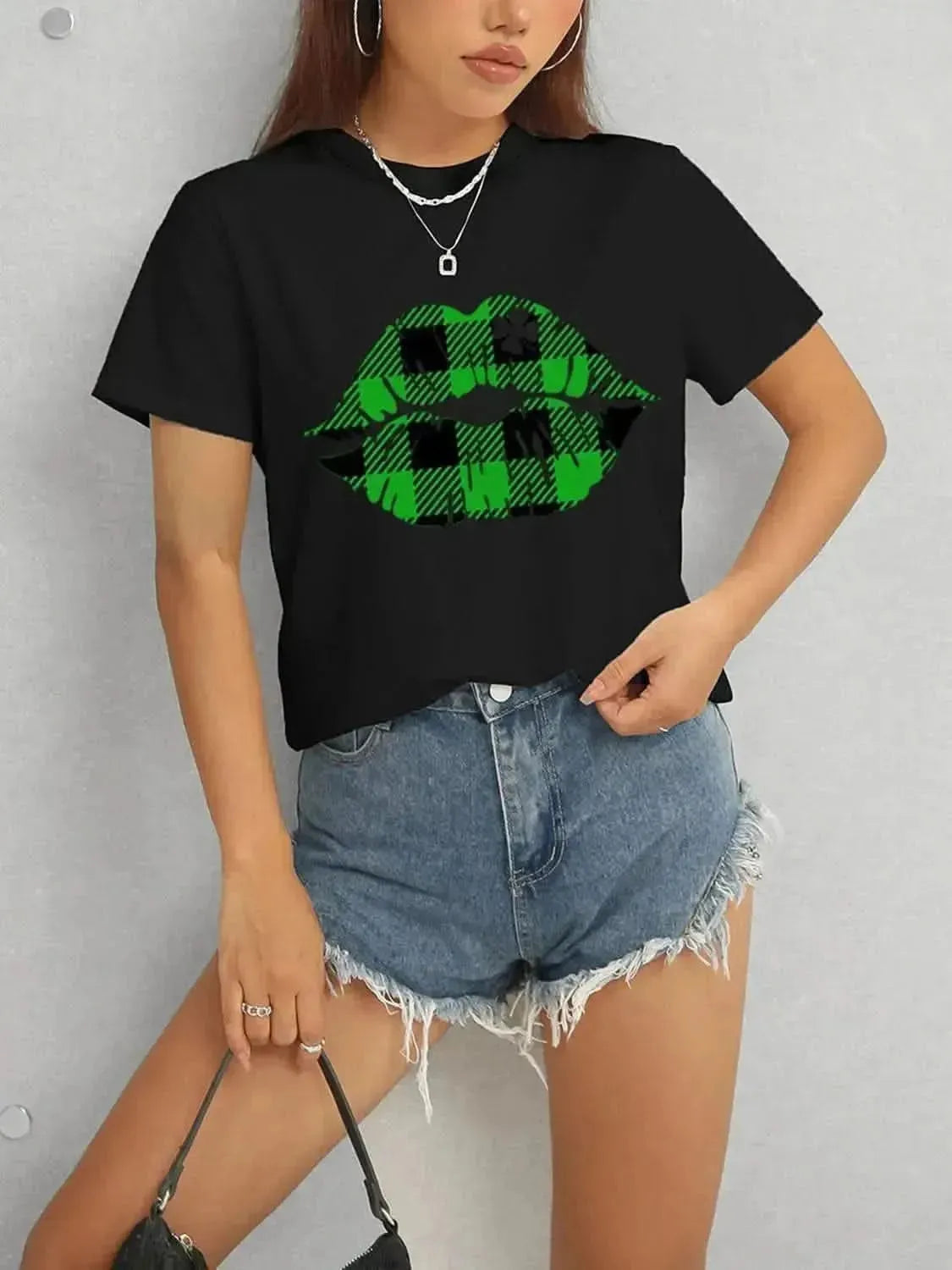 Plaid Lip Graphic Round Neck T-Shirt - Bad Moms Club