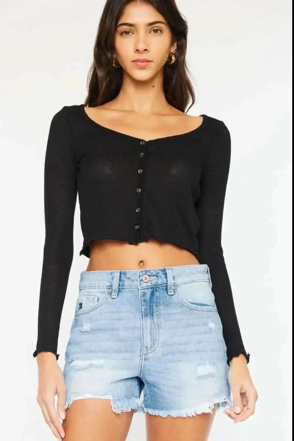 Kancan High Waist Frayed Denim Shorts - Bad Moms Club
