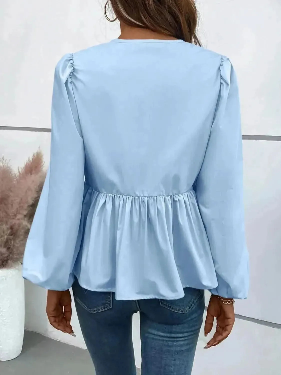 Ivy Lane Peplum Tied Long Sleeve Blouse - Bad Moms Club