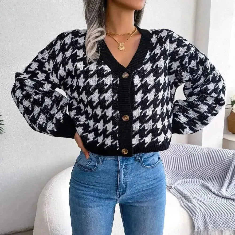 Houndstooth V-Neck Dropped Shoulder Cropped Cardigan - Bad Moms Club