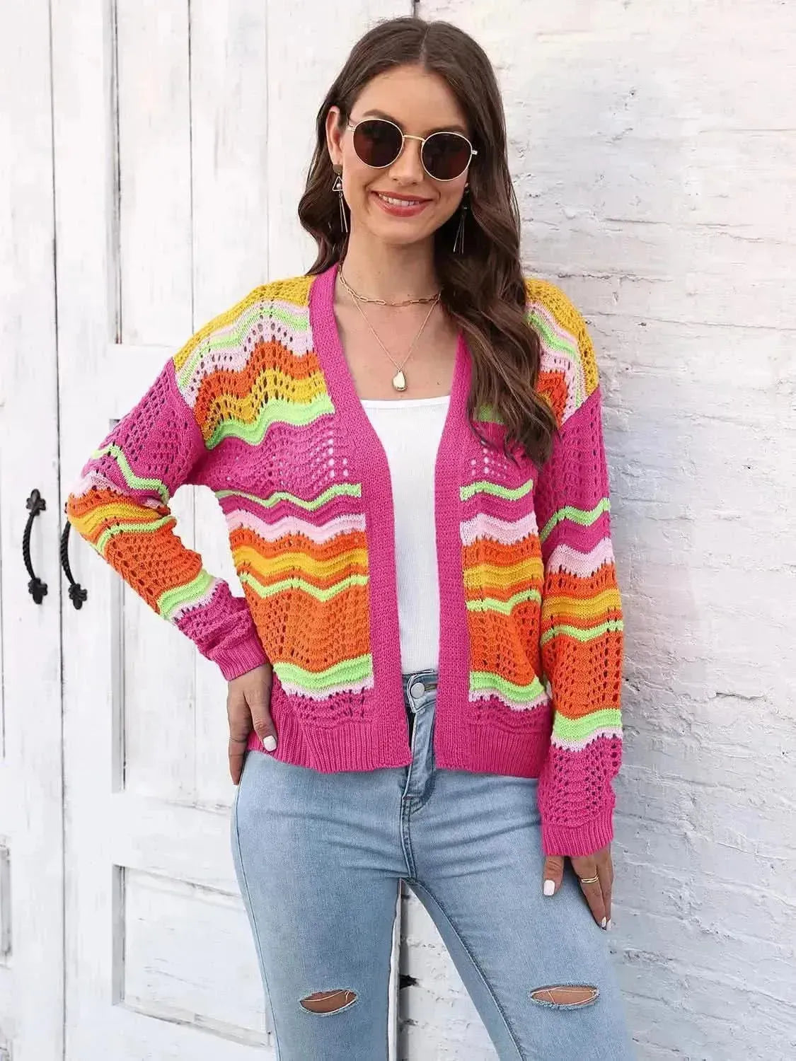 Open Front Openwork Cardigan - Bad Moms Club