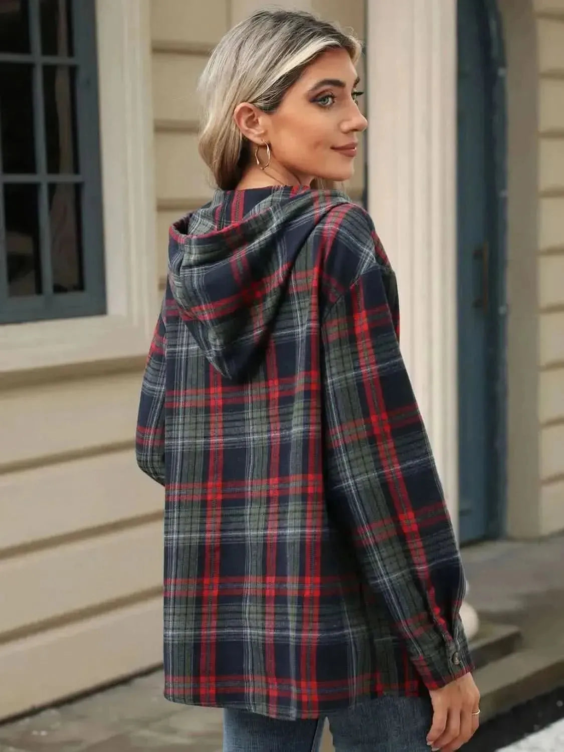 Drawstring Plaid Hooded Long Sleeve Top - Bad Moms Club