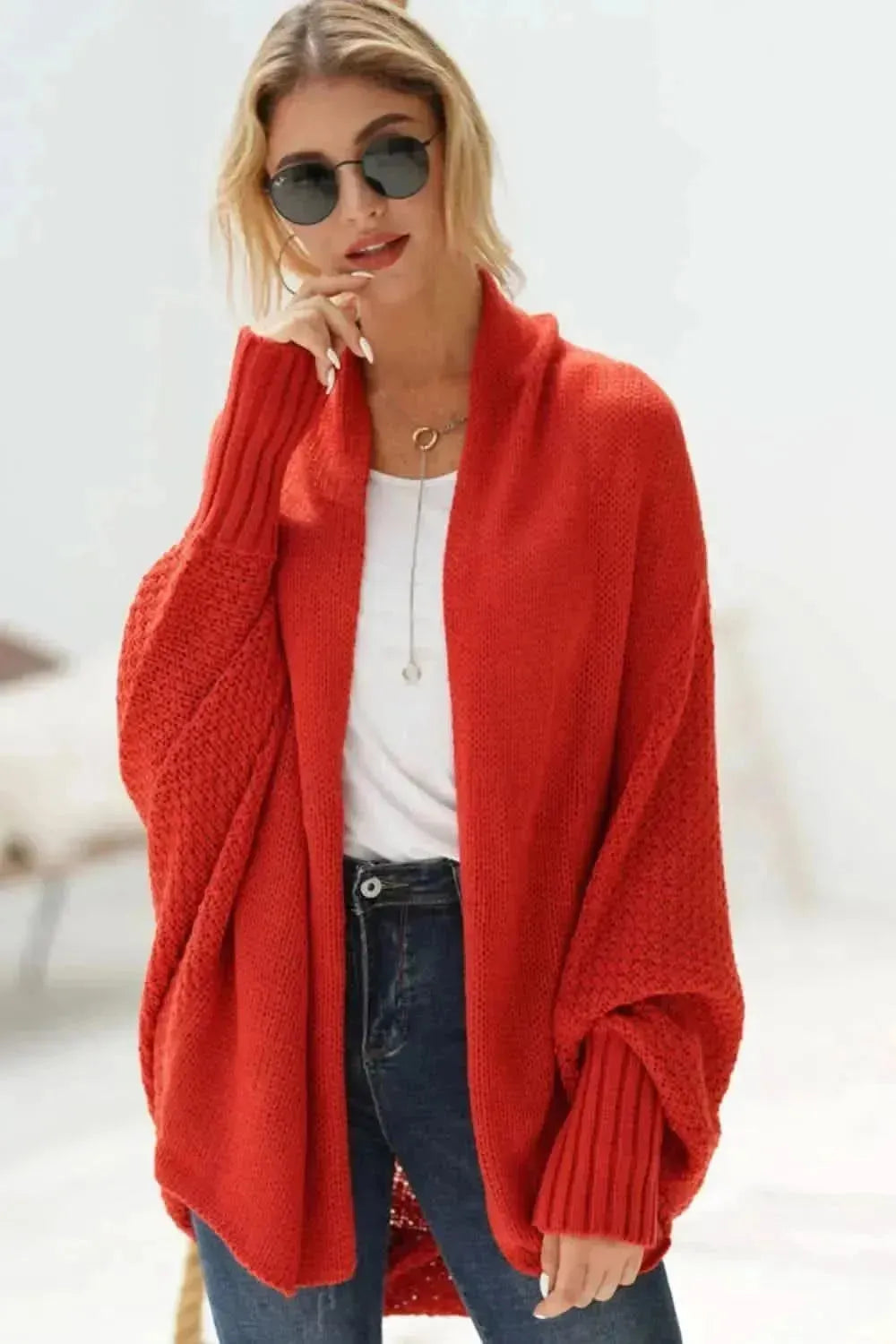 Dolman Sleeve Open Front Ribbed Trim Longline Cardigan - Bad Moms Club
