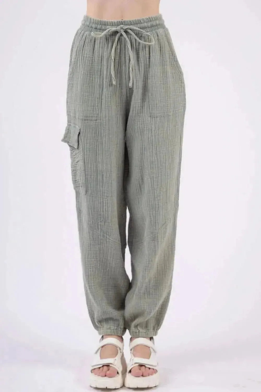 VERY J Washed Woven Crinkle Gauze Drawstring Pants - Bad Moms Club