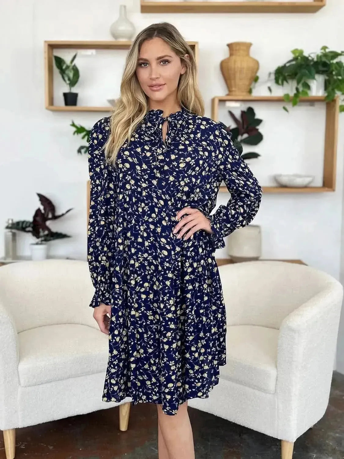 Double Take Full Size Printed Ruffle Hem Long Sleeve Tiered Dress - Bad Moms Club