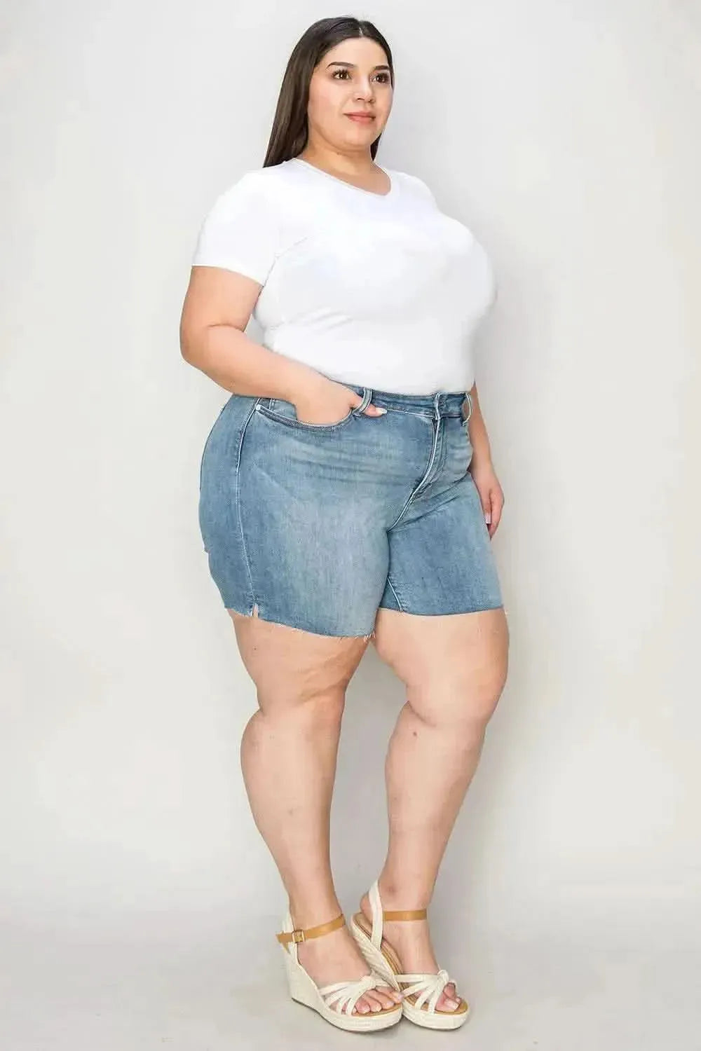 Judy Blue Full Size High Waist Raw Hem Denim Shorts - Bad Moms Club