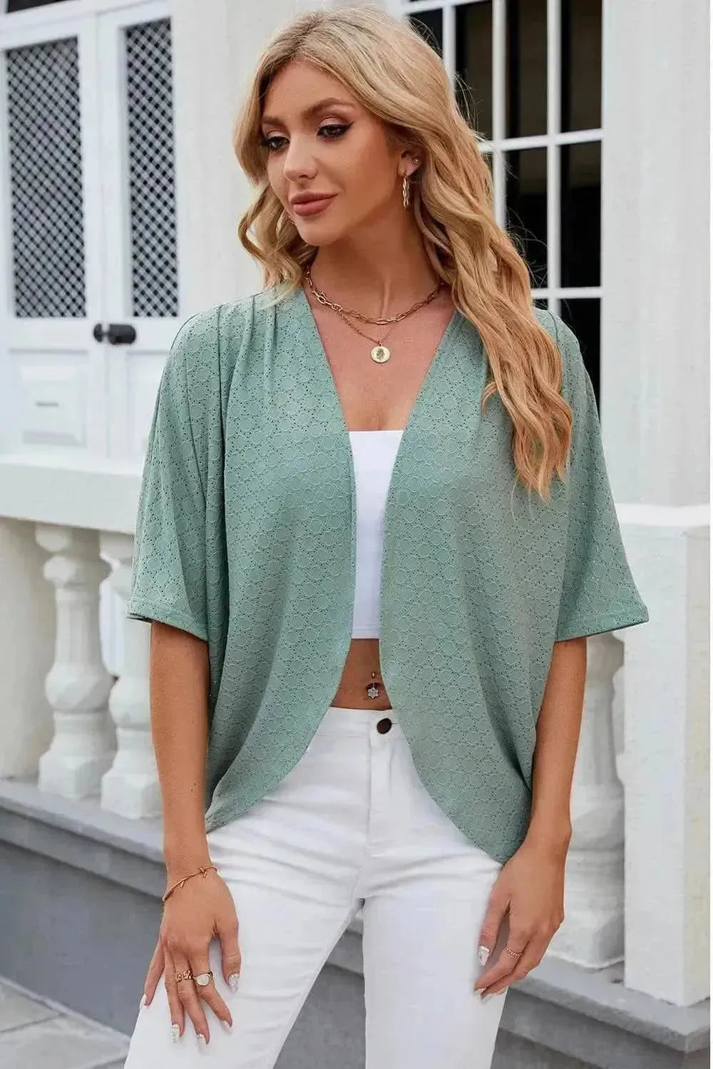 Eyelet Open Front Half Sleeve Cardigan - Bad Moms Club