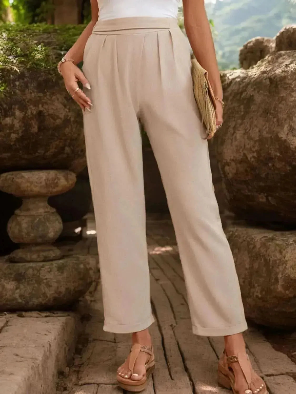 Perfee Ruched Half Elastic Waist Pants - Bad Moms Club