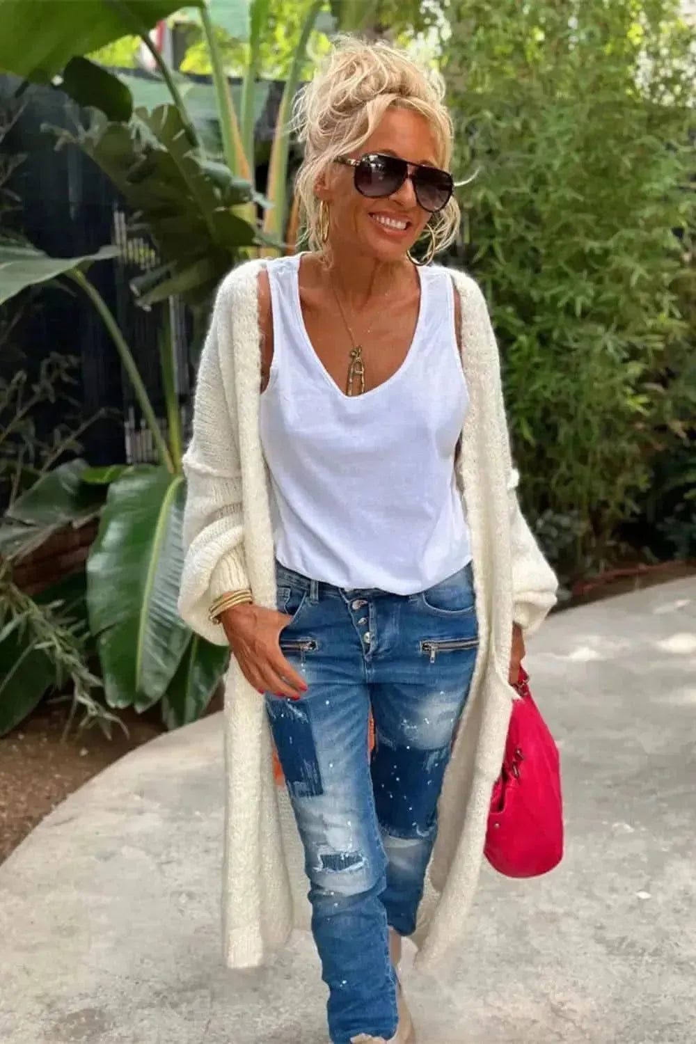 Letter Dropped Shoulder Long Sleeve Cardigan - Bad Moms Club