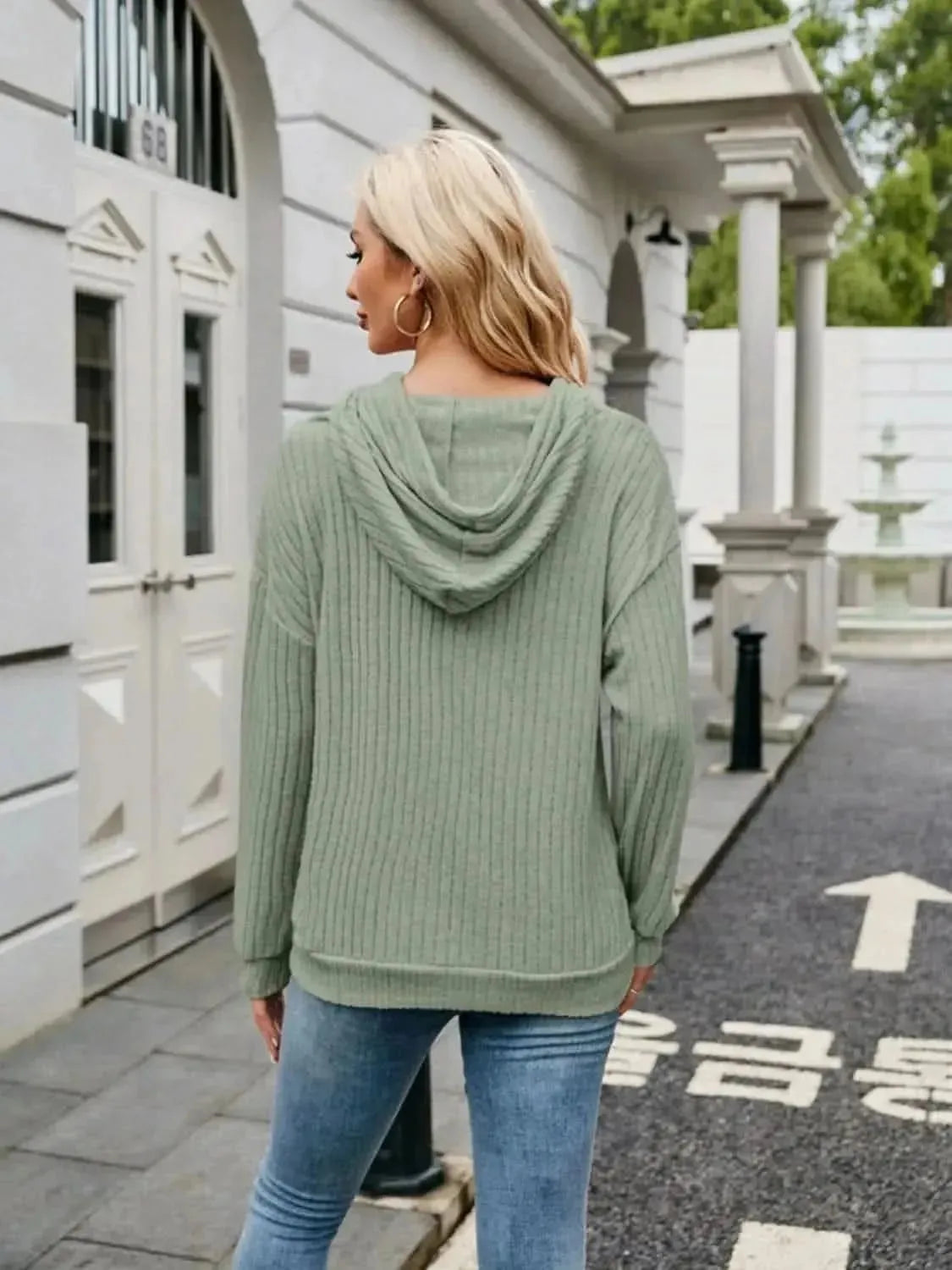 Ribbed Drawstring Long Sleeve Hoodie - Bad Moms Club