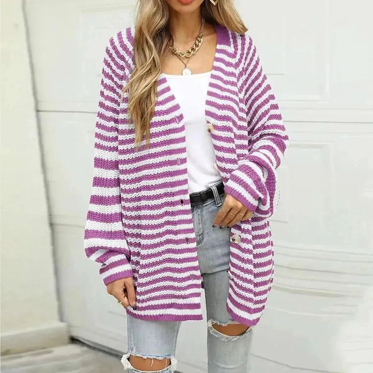 Striped Button Down Long Sleeve Cardigan - Bad Moms Club
