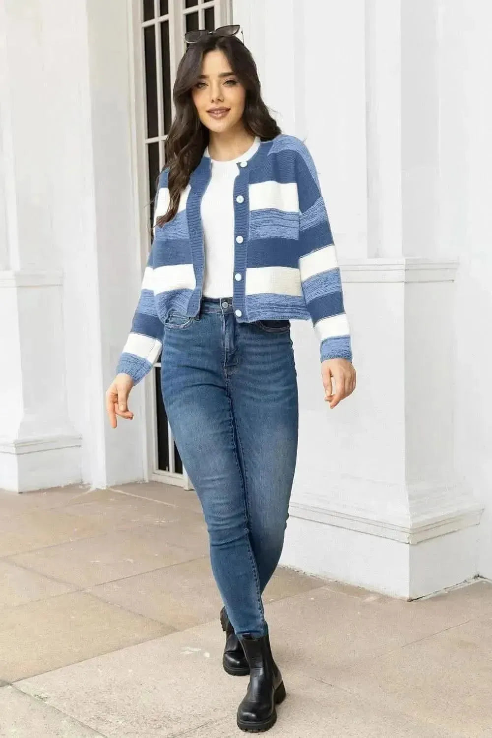 Striped Button Up Long Sleeve Cardigan - Bad Moms Club