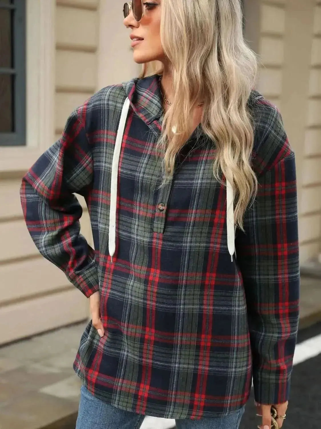 Drawstring Plaid Hooded Long Sleeve Top - Bad Moms Club