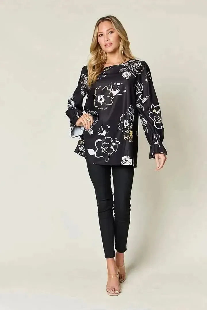 Double Take Full Size Printed Flounce Sleeve Blouse - Bad Moms Club