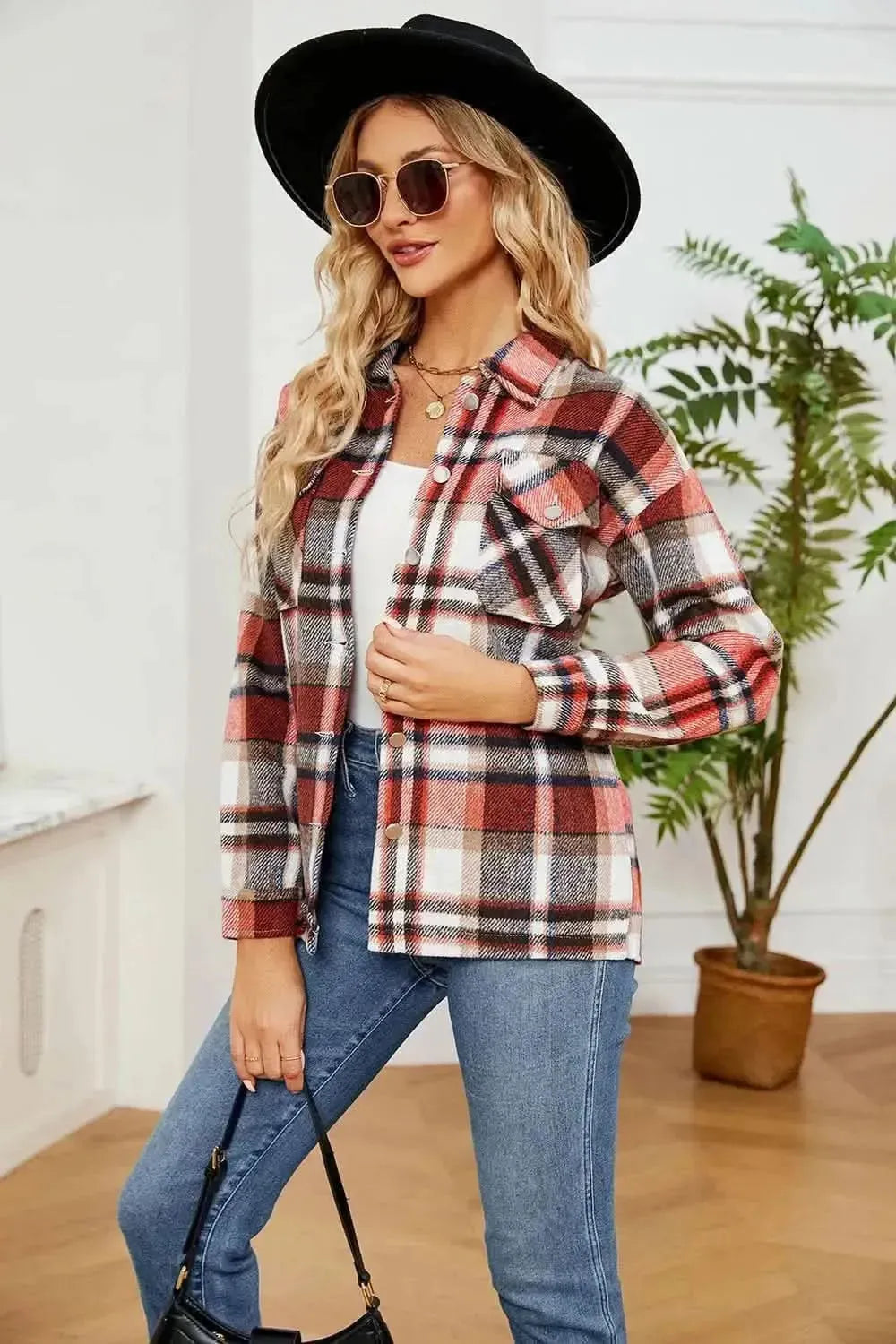 Button Down Collared Plaid Shacket - Bad Moms Club