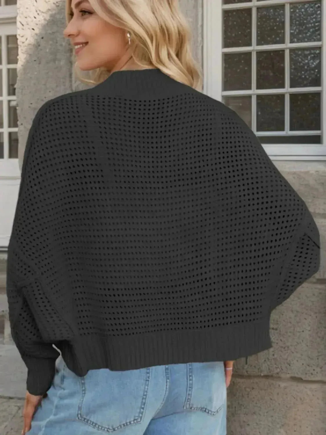 Openwork Open Front Long Sleeve Cardigan - Bad Moms Club
