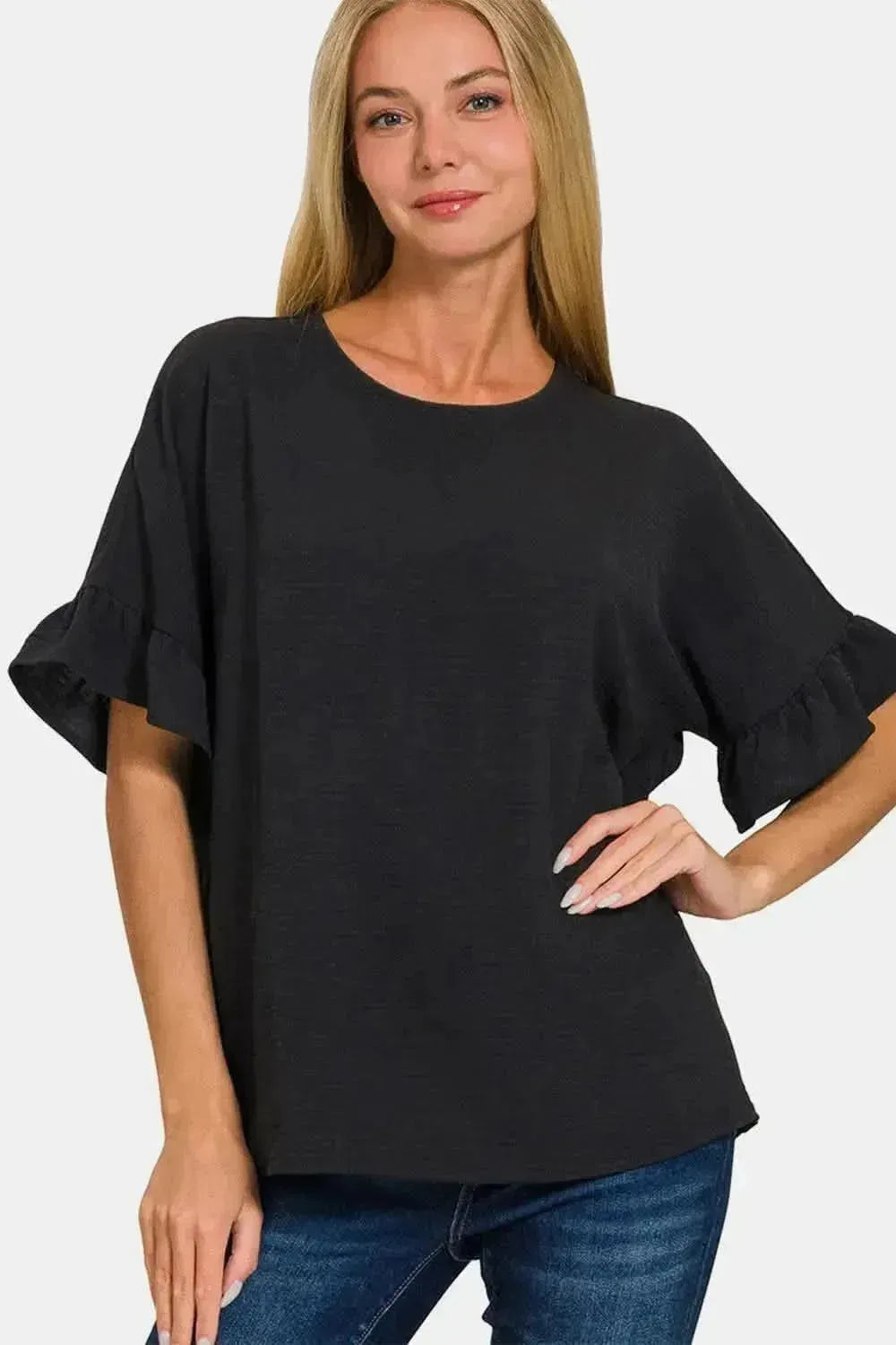 Zenana V-Neck Flutter Sleeve Top - Bad Moms Club