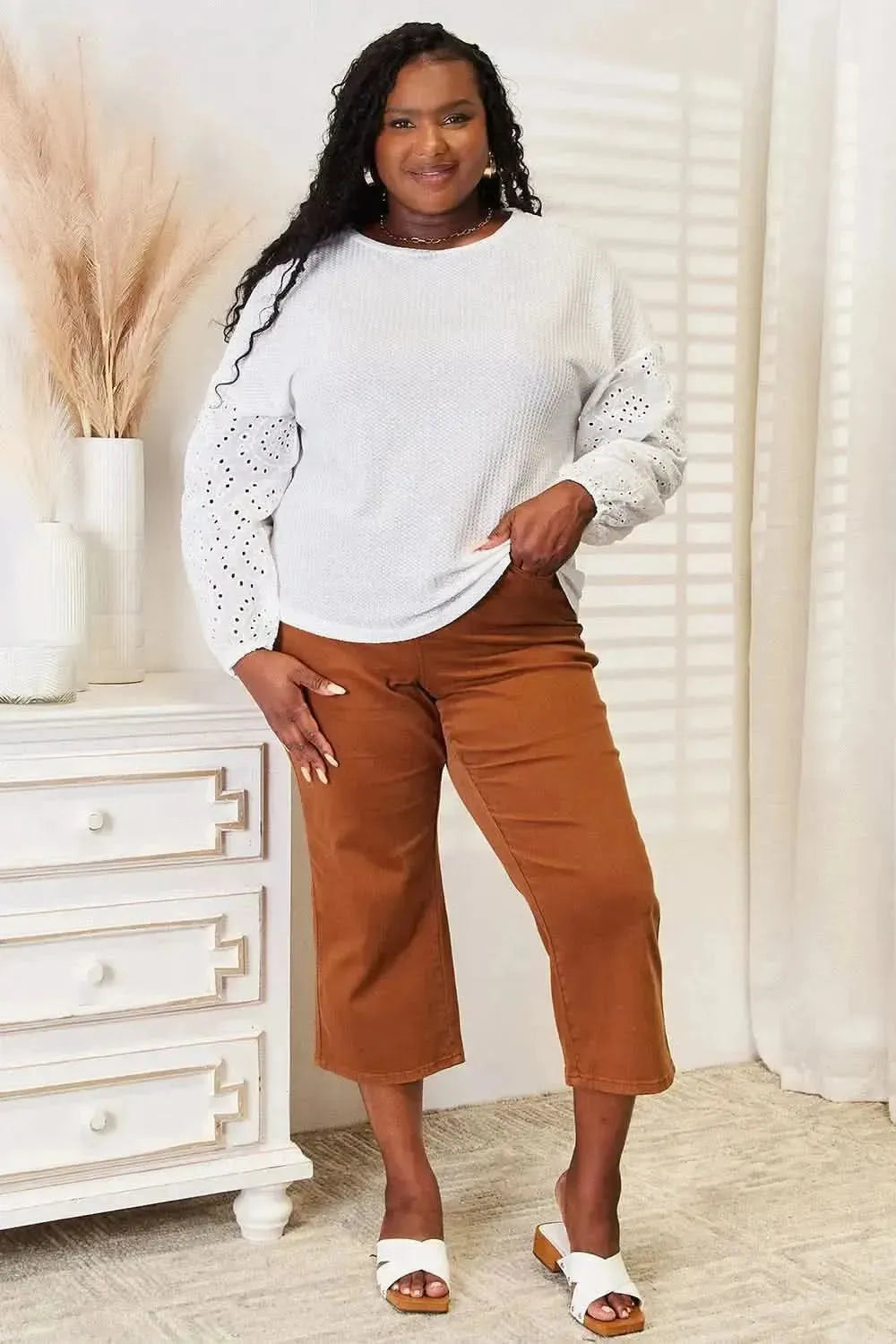 Shiny Eyelet Dropped Shoulder Round Neck Blouse - Bad Moms Club
