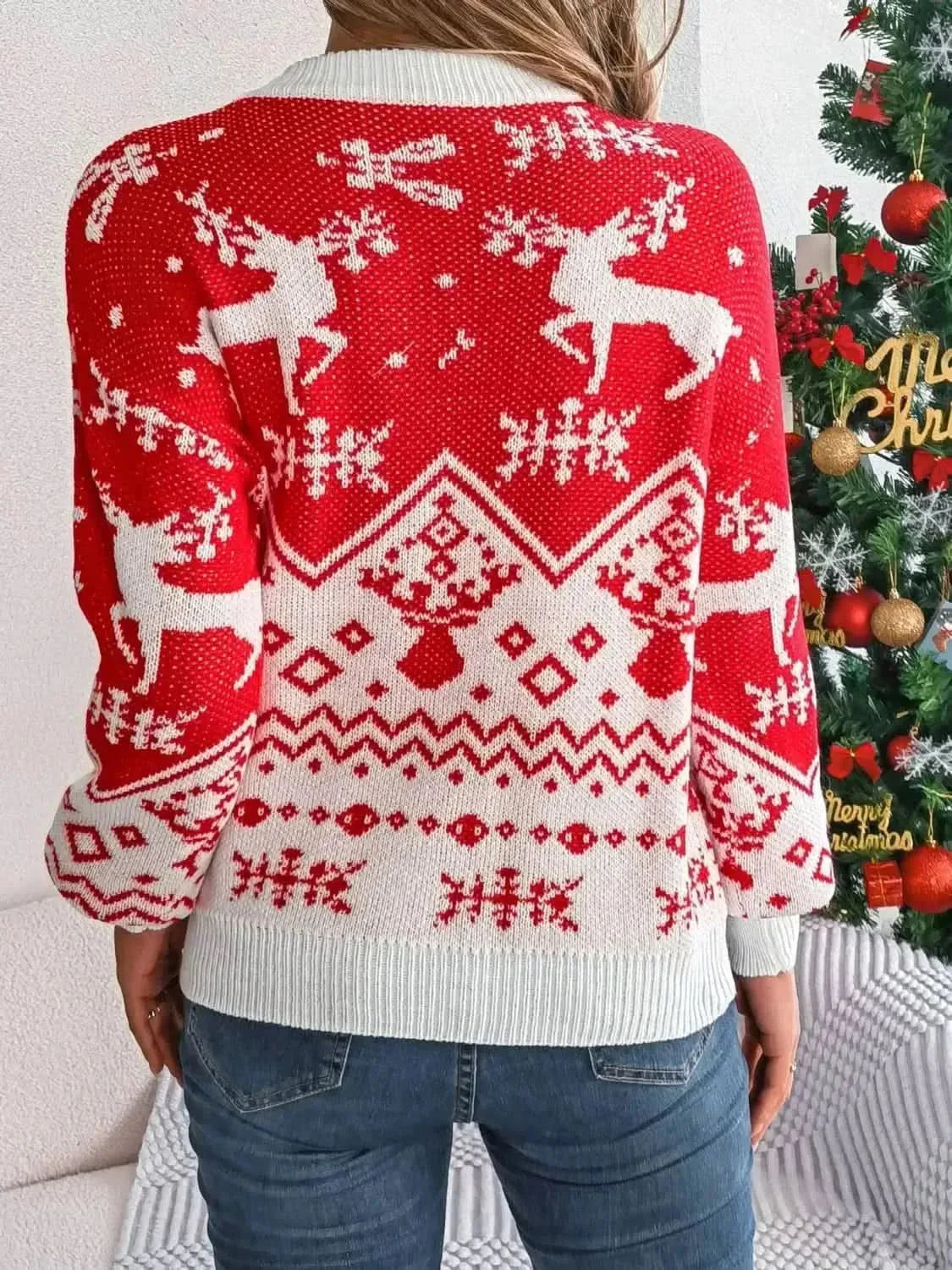 Christmas Element Round Neck Long Sleeve Sweater - Bad Moms Club