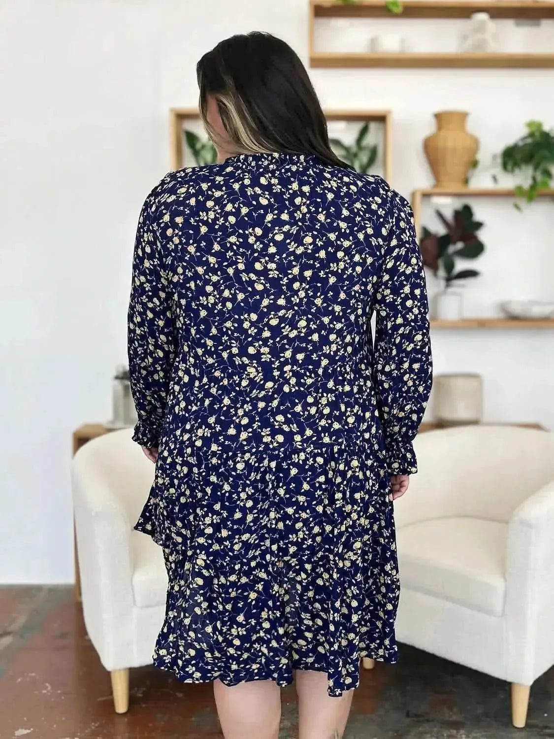 Double Take Full Size Printed Ruffle Hem Long Sleeve Tiered Dress - Bad Moms Club