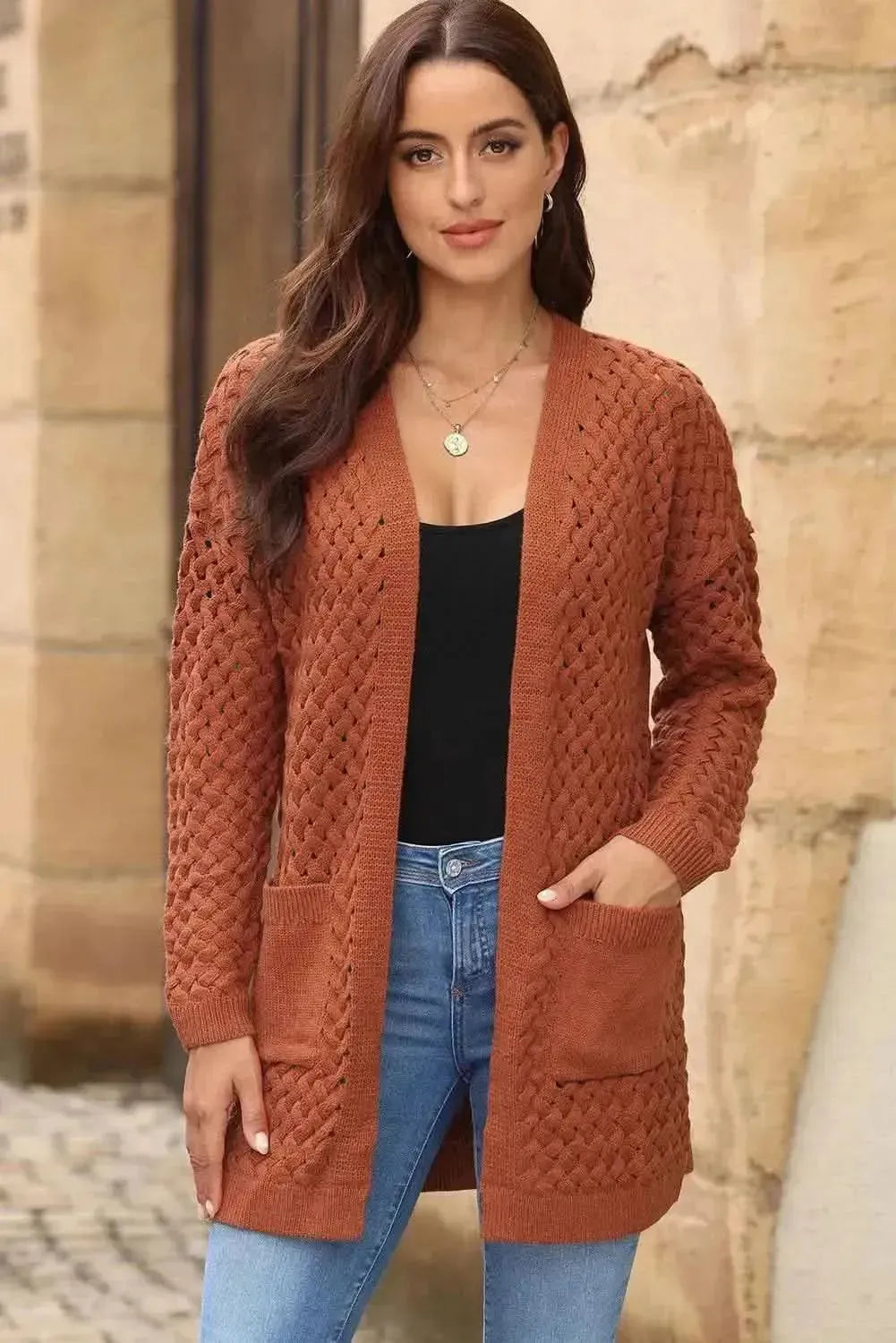 Open Front Dropped Shoulder Cardigan with Pockets - Bad Moms Club