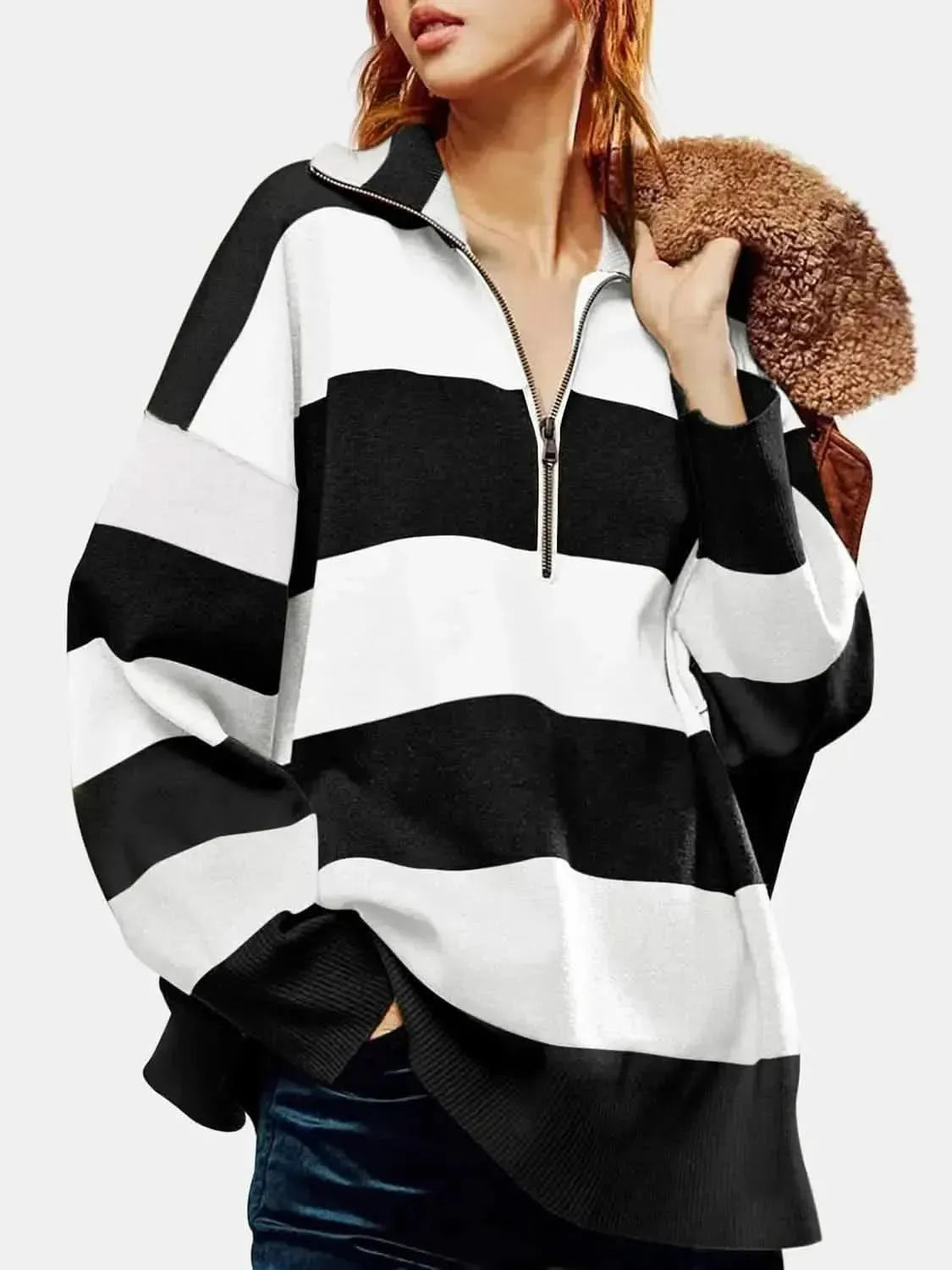 Color Block Half Zip Long Sleeve Sweater - Bad Moms Club