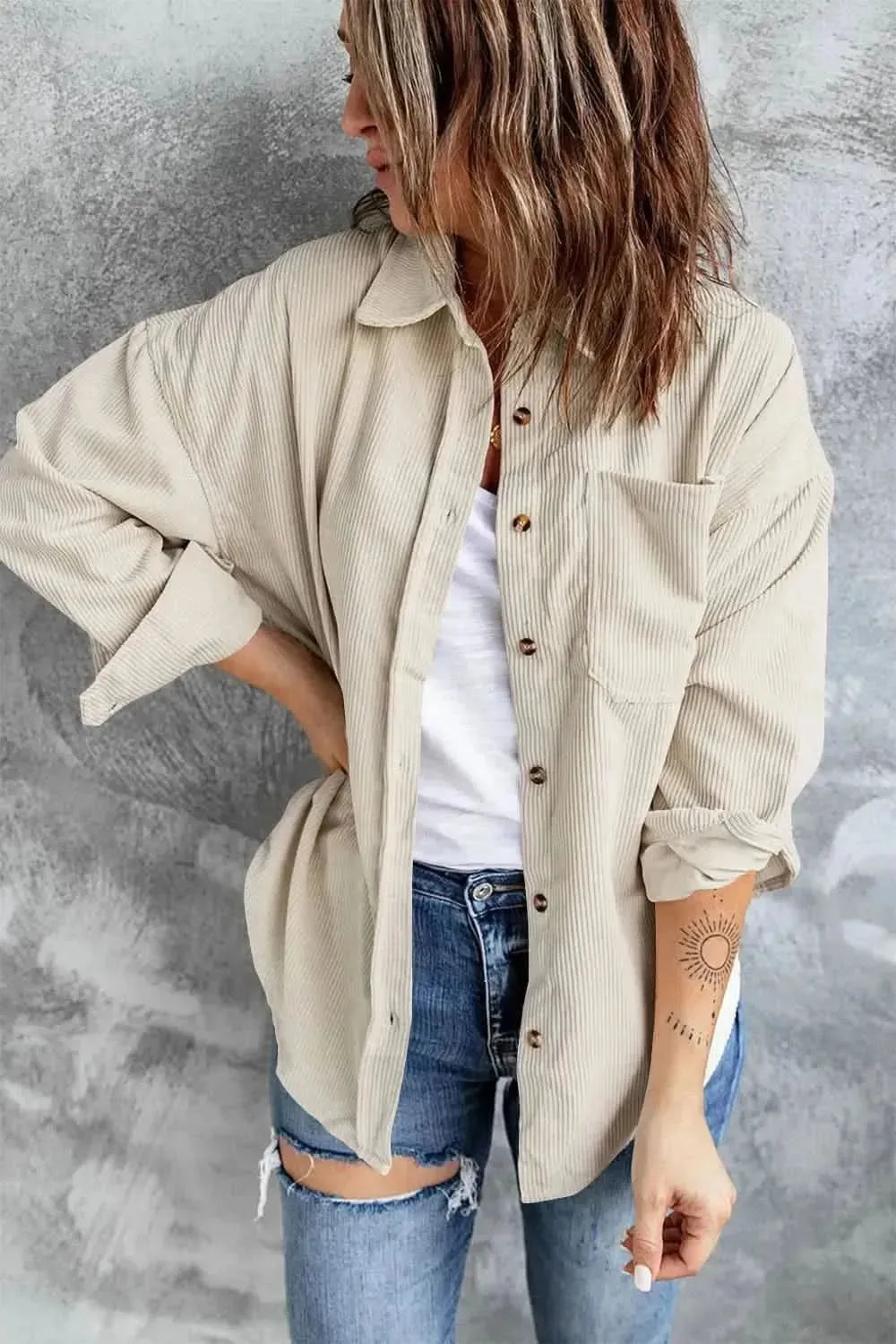 Collared Neck Button Up Dropped Shoulder Shacket - Bad Moms Club