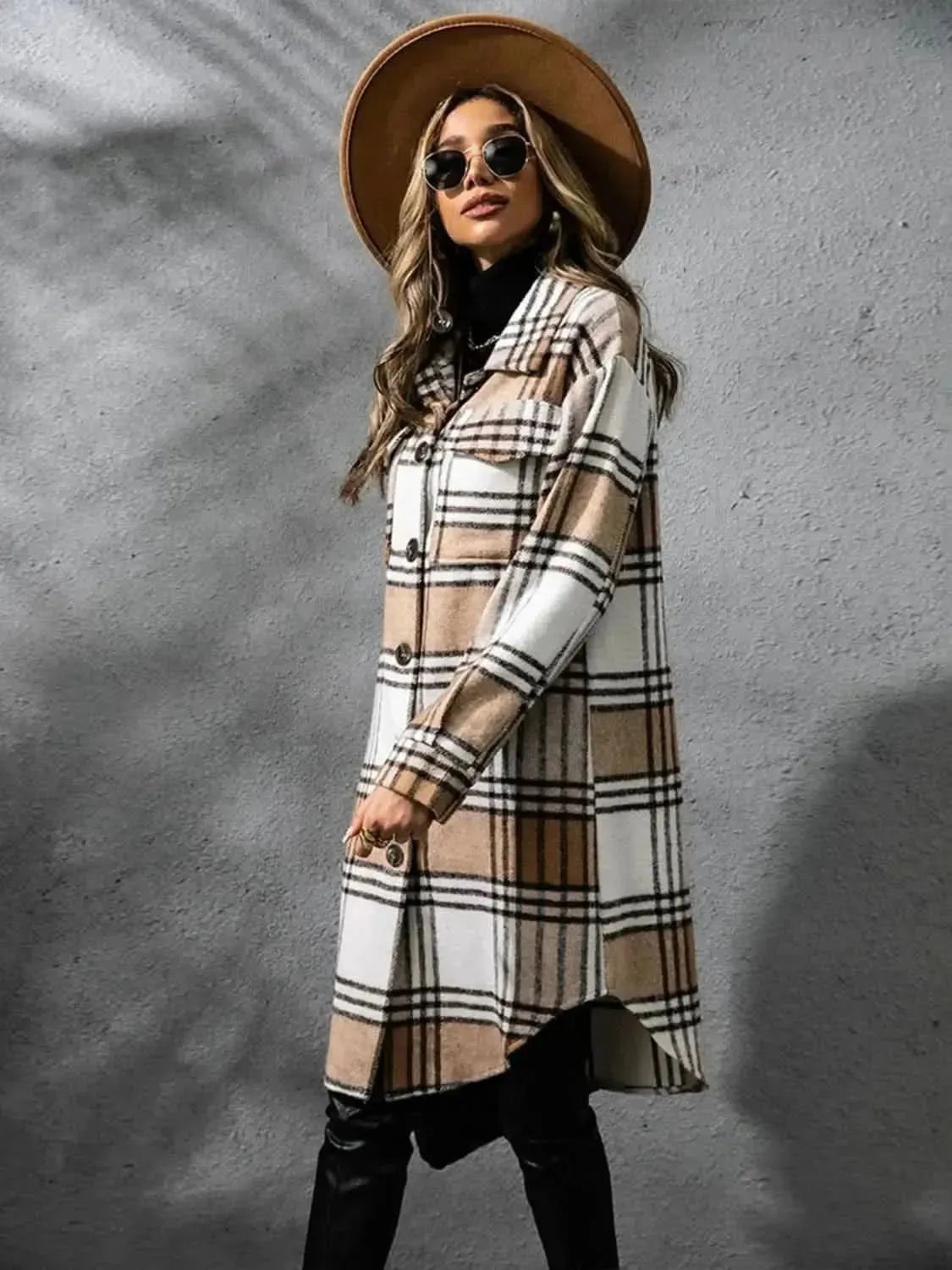 Plaid Collared Neck Long Sleeve Coat - Bad Moms Club