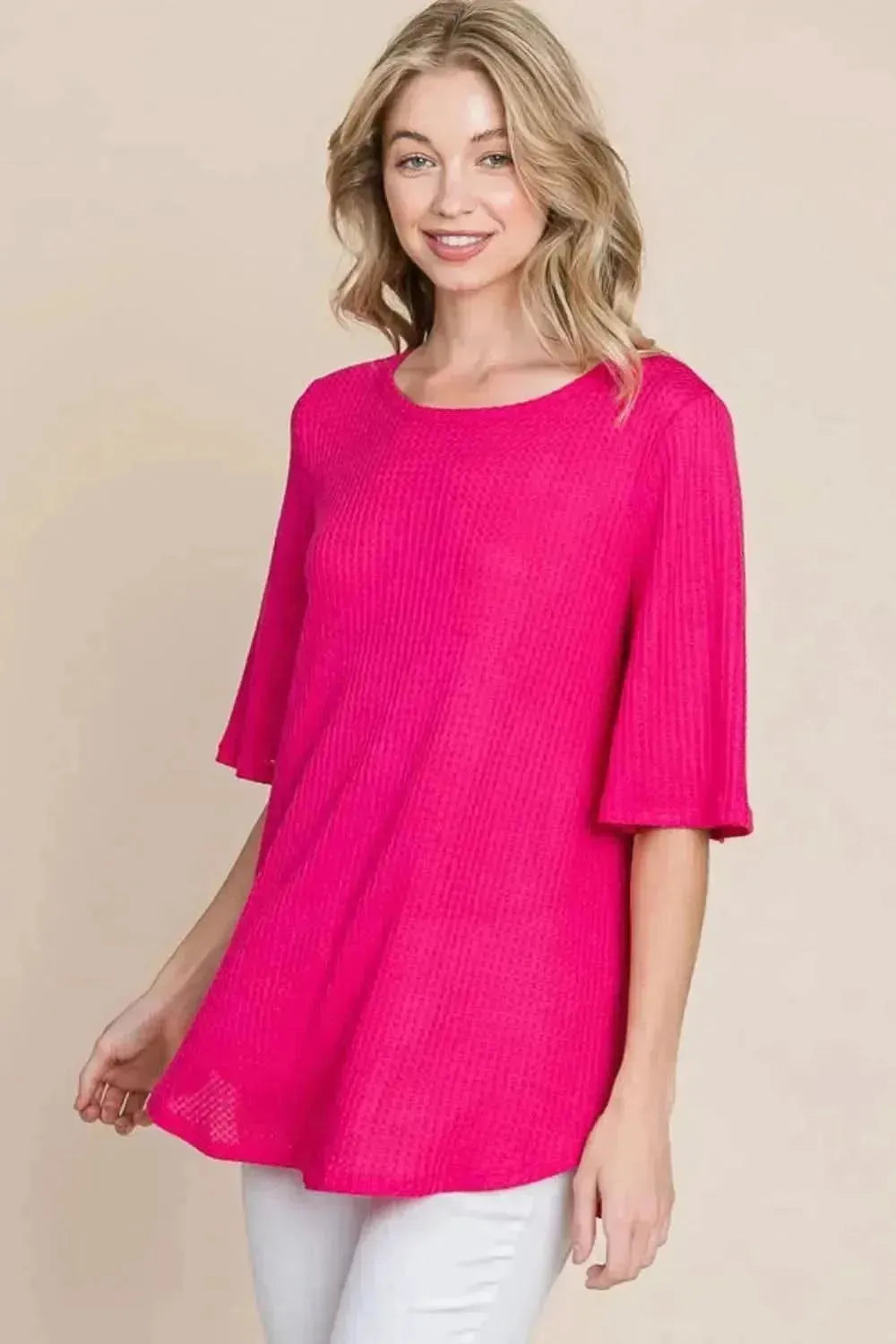 BOMBOM Round Neck Waffle Knit T-Shirt - Bad Moms Club