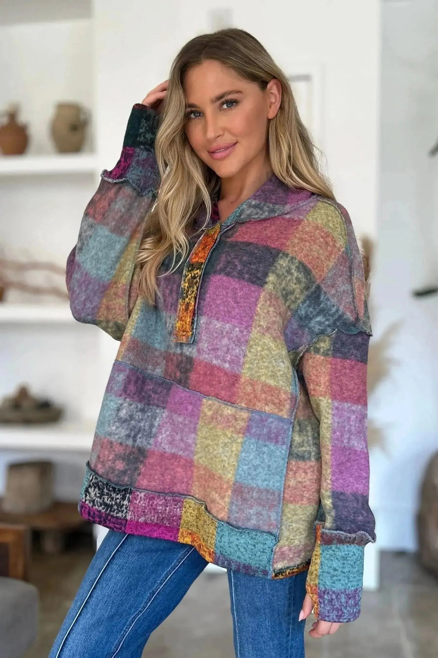 Double Take Full Size Plaid Dropped Shoulder Fleece Hoodie - Bad Moms Club
