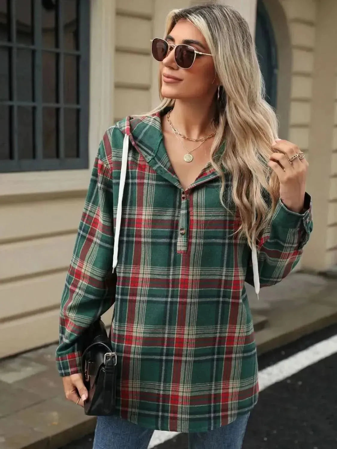Drawstring Plaid Hooded Long Sleeve Top - Bad Moms Club