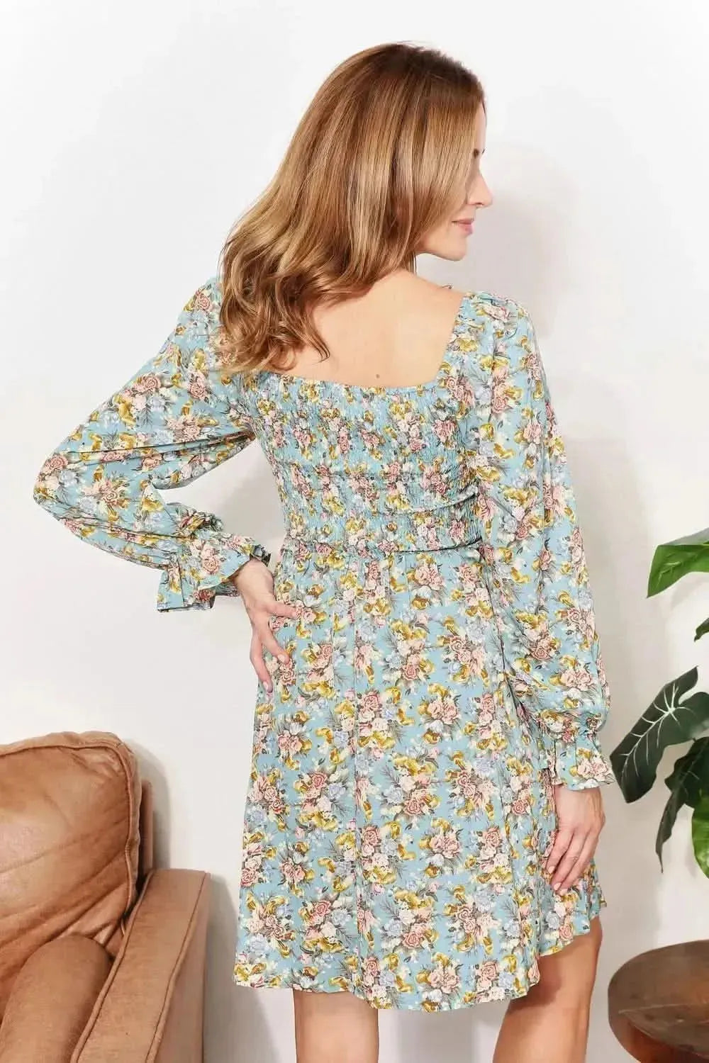 Honey Floral Smocked Flounce Sleeve Square Neck Dress - Bad Moms Club